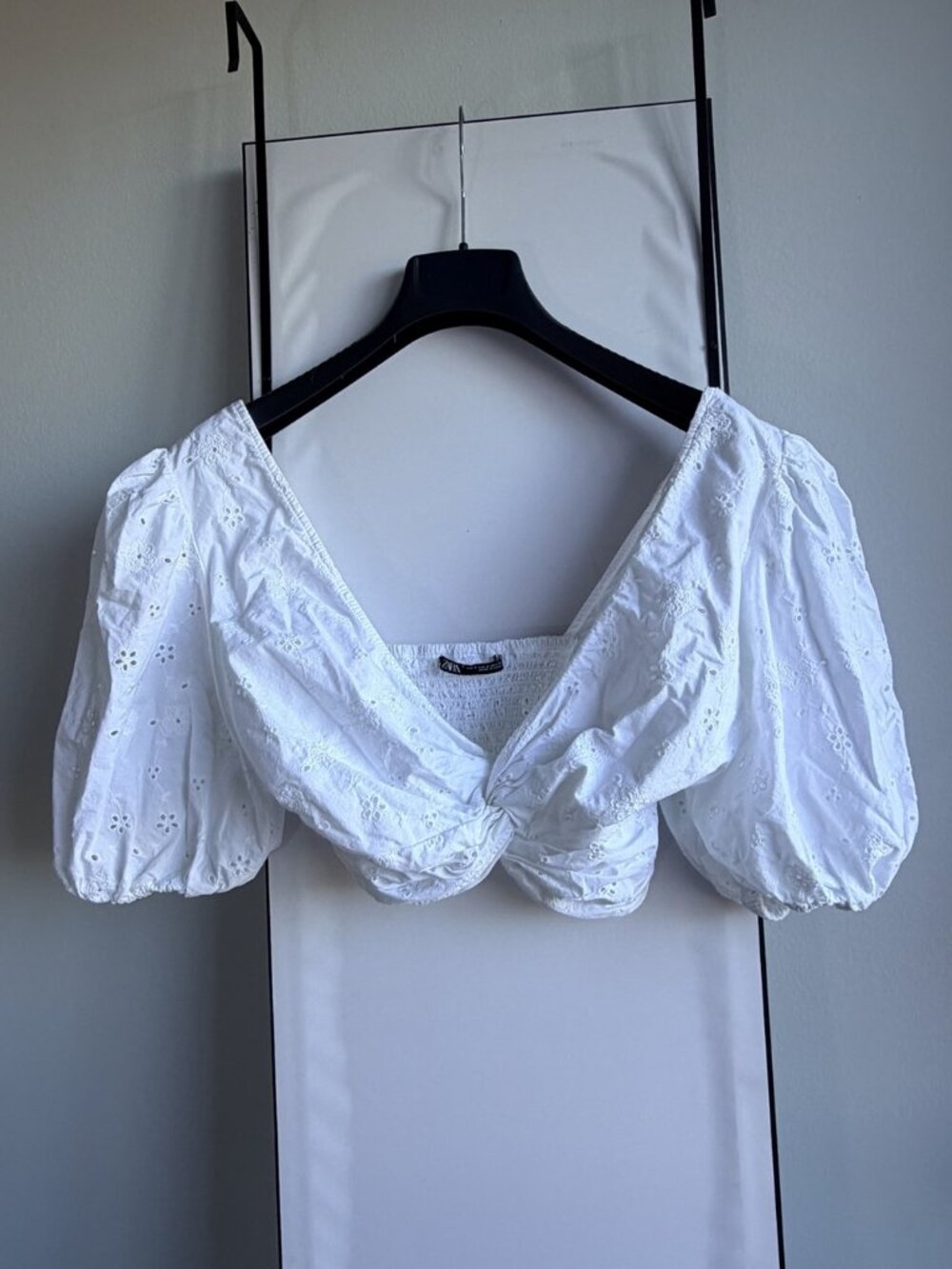 Zara White Broderie Anglaise Crop Top Puff Sleeve M